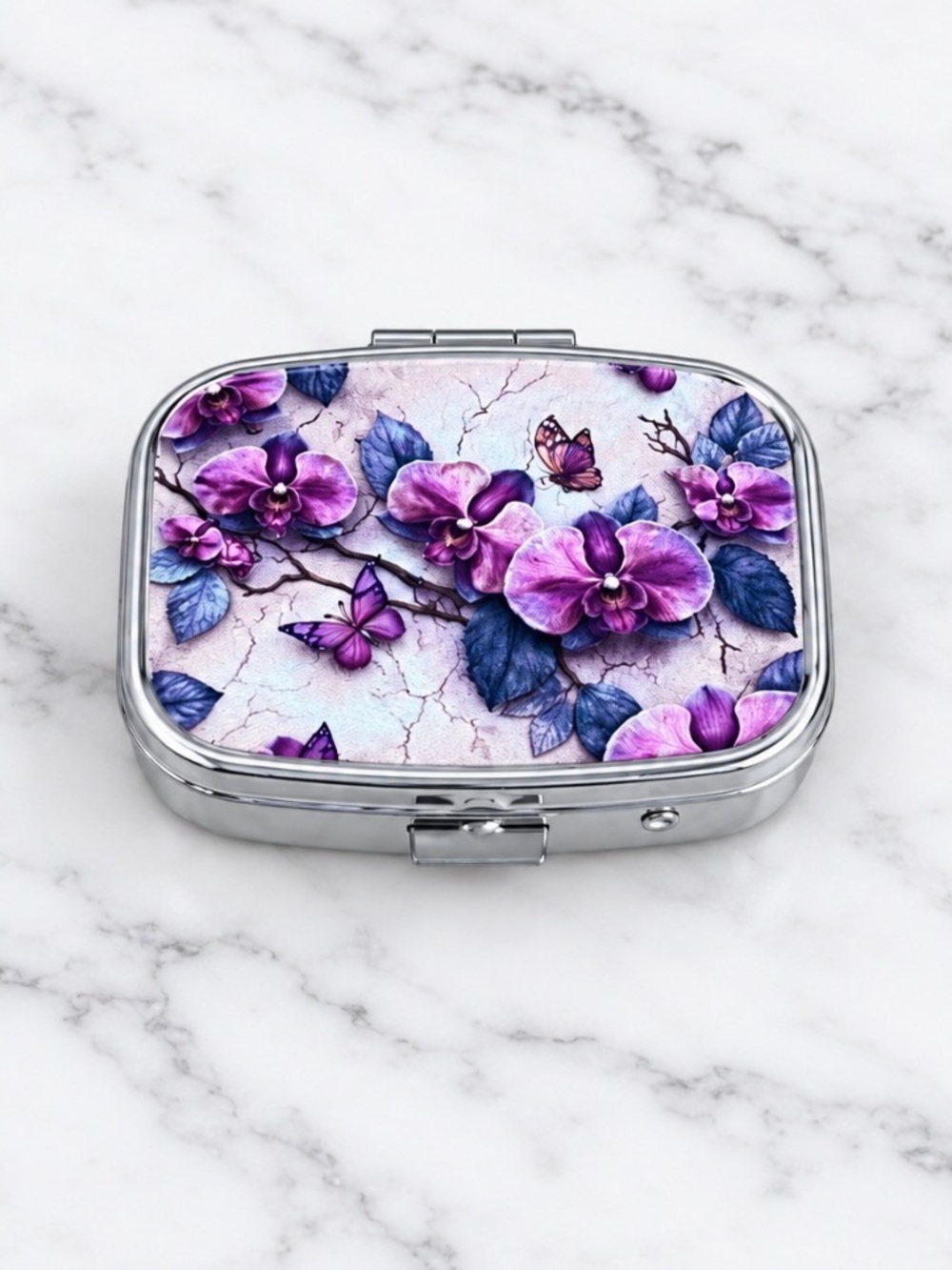 Purple Floral Design Purse Pill Box/Travel Jewelry-Compact With Lidded Mirror